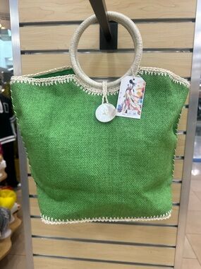Green Woven Tote with White Round Handles